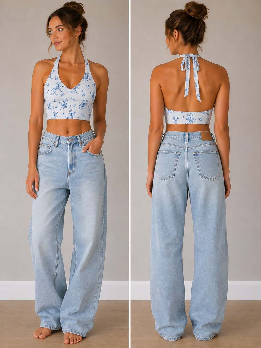 Hollister Women’s Small Blue Floral Halter Crop Top Tie Back Y2K Coquette
